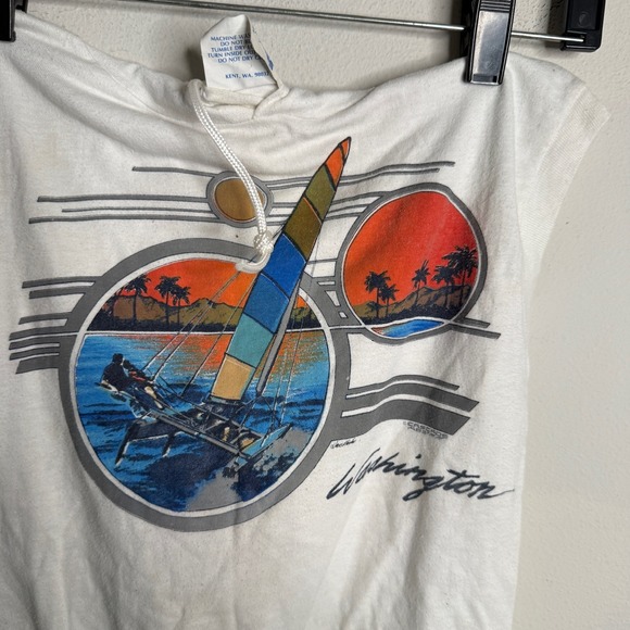 Vintage Kids Medium White Washington Sailboat Beach Graphic Sleeveless Shirt - Picture 3 of 5